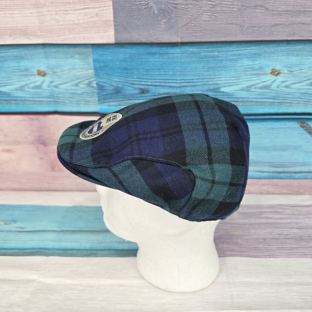 St Andrews Flat Cap 7 3/8 The Old Course Blue Tartan Plaid Newsie Cabbie Golf